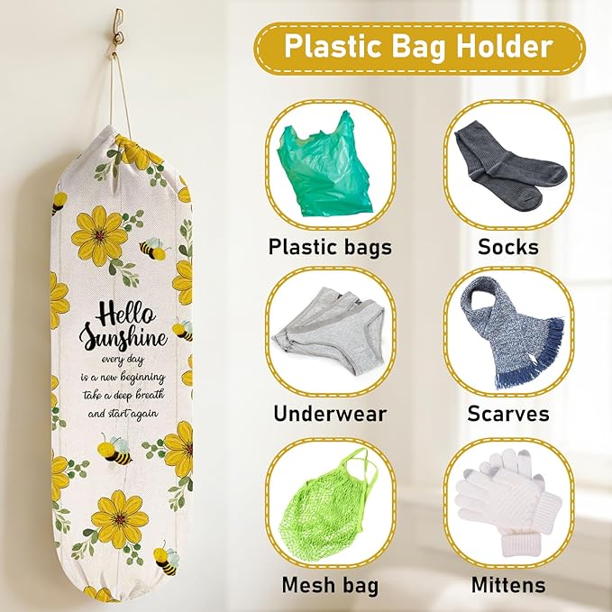 2Pcs Sunflower Plastic Bag Holder for Kitchen Essentials, Reusable Hanging Grocery Bag Organizer, Sunflower Gifts for Women, Washable Large Grocery Trash Bags Storage Dispenser