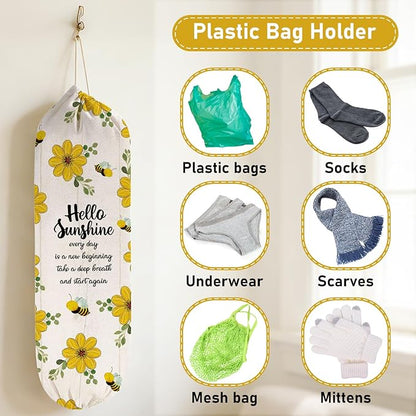 2Pcs Sunflower Plastic Bag Holder for Kitchen Essentials, Reusable Hanging Grocery Bag Organizer, Sunflower Gifts for Women, Washable Large Grocery Trash Bags Storage Dispenser