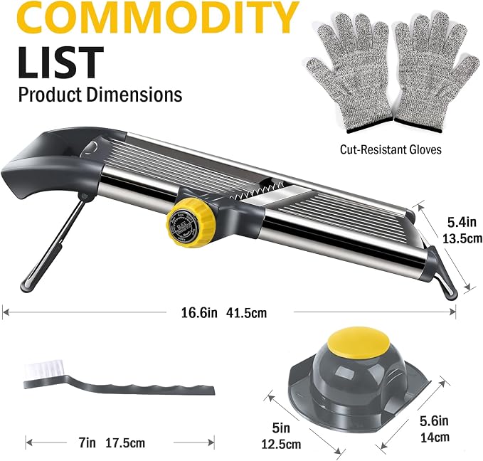 Masthome Adjustable Mandoline Food Slicer, Mandoline Slicer for Kitchen, Stainless Steel Mandolin, Fruit and Vegetable Cutter with Cut-Resistant Gloves and Cleaning Brush-Yellow