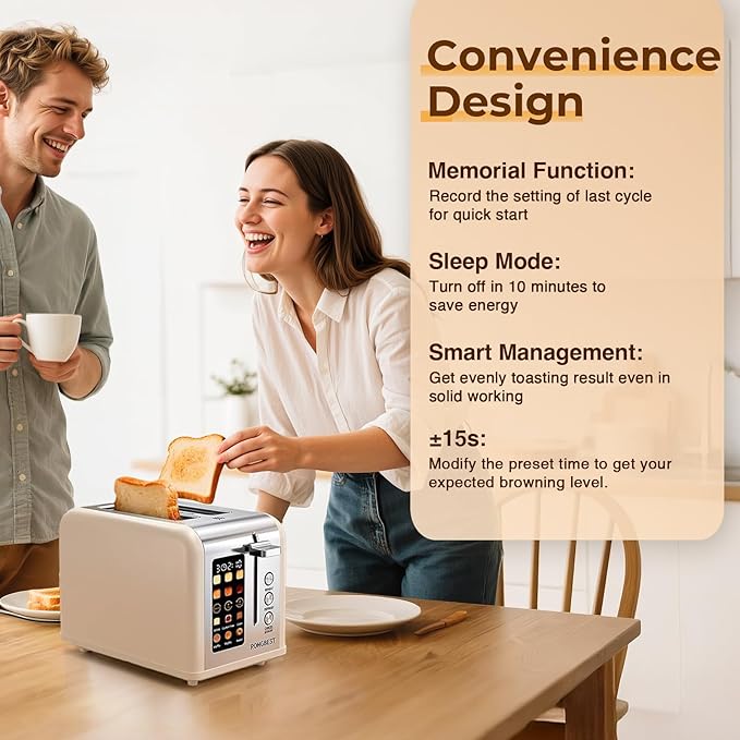 2 Slice Touch Screen Toaster Stainless Steel Wide Slots with Digital Touchscreen, Reheat & Defrost, Even Toasting for Family Breakfast Bagel & Bread, Easy Removable Crumb Tray, Cream Color