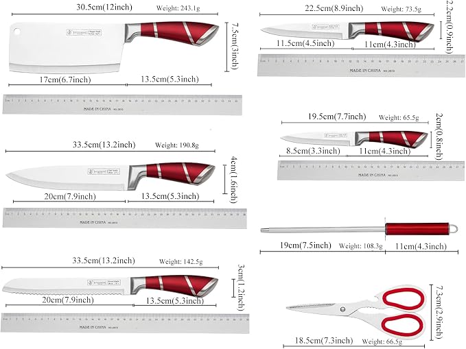 Kitchen Knife Set, 9-Piece Red Kitchen Knife Set with Acrylic Block, Non Stick Sharp High Carbon Stainless Steel Knife Set for Kitchen Cutting Meat Slicing Chopping Kitchen Women Gifts