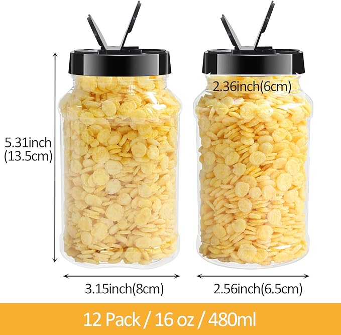 12 Pack 16 oz Clear Plastic Spice Jars With Black Plastic Lids, Spice Bottles, Seasoning Containers with Chalk Labels, Pen, Spices Containers For Kitchen Cabinet