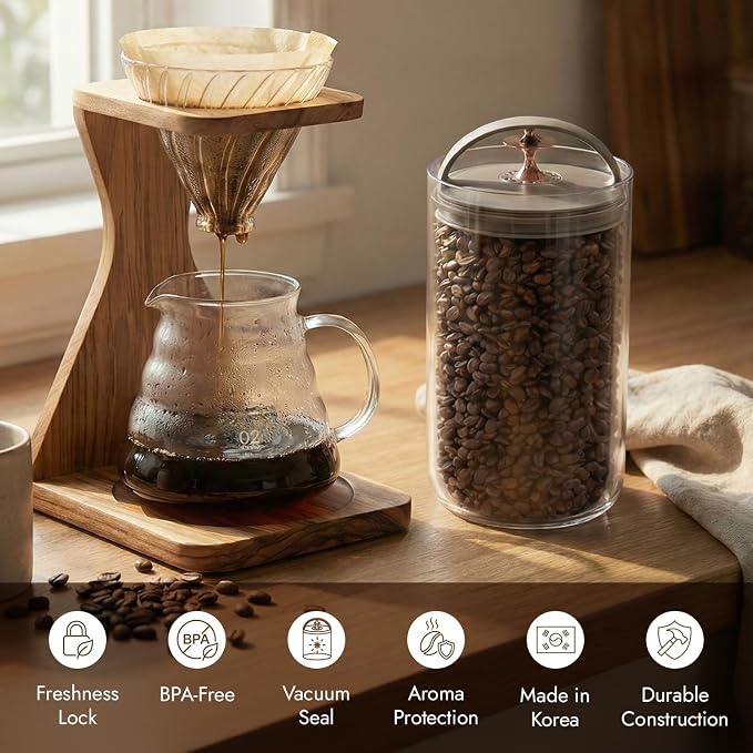 carrotez 6.3 Cup Vacuum Sealed Coffee Bean Container, Ecozen Plastic Airtight Food Storage Canister with Easy-Release Lever, Durable Space-Saving Design for Kitchen Countertop – 50.7 fl oz (1.5L)