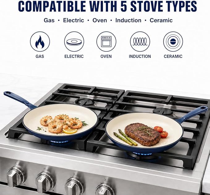 Hisencn Enameled Cast Iron Skillet Set - 3 Piece Ceramic Coated Fry Pan Set(8'',9.5'' 11''), PFAS/PTFE/PFOA Free, Oven & Induction Safe, Navy Blue Cookware for Gas/Electric Stovetop