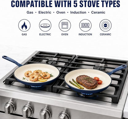 Hisencn Enameled Cast Iron Skillet Set - 3 Piece Ceramic Coated Fry Pan Set(8'',9.5'' 11''), PFAS/PTFE/PFOA Free, Oven & Induction Safe, Navy Blue Cookware for Gas/Electric Stovetop