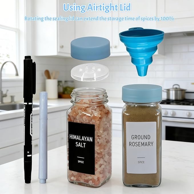Spice Jars with Labels - 24 Glass Spice with Shaker Lids & Airtight Plastic Caps - 4oz Complete Seasoning Containers Organizer Set for Cabinet, Drawer & Rack (Skyblue)