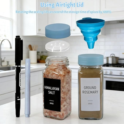 Spice Jars with Labels - 24 Glass Spice with Shaker Lids & Airtight Plastic Caps - 4oz Complete Seasoning Containers Organizer Set for Cabinet, Drawer & Rack (Skyblue)