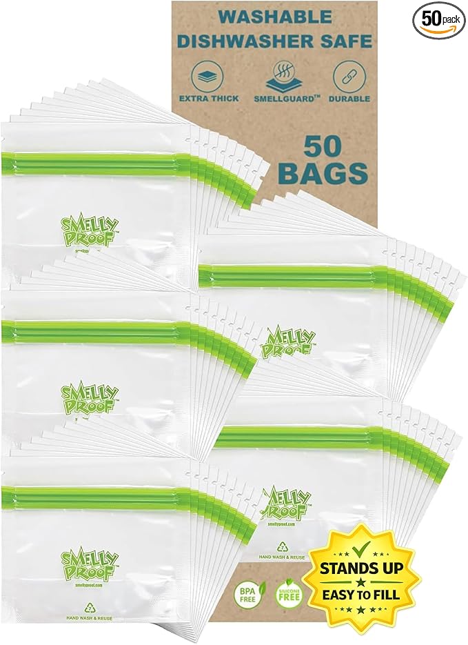 Smelly Proof 50 x Expandable Stand-Up & Fill REUSABLE Food Storage Bags, US Made, NO PEVA & BPA FREE, Reusable Freezer Bags, Dishwasher-Safe, Clear 3 mils STAND & FILL 4" x 3" - 50pk