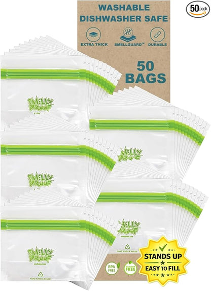 Smelly Proof 50 x Expandable Stand-Up & Fill REUSABLE Food Storage Bags, US Made, NO PEVA & BPA FREE, Reusable Freezer Bags, Dishwasher-Safe, Clear 3 mils STAND & FILL 4" x 3" - 50pk