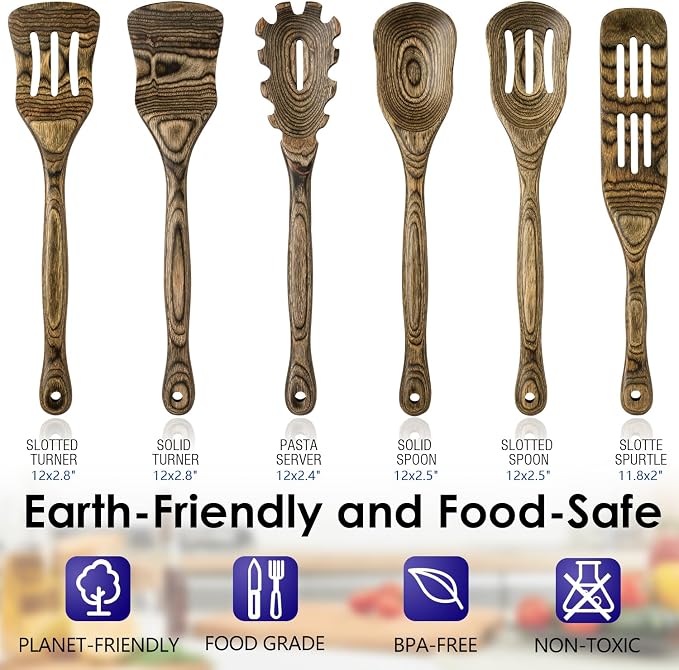 HOWHONG Wooden Spoons for Cooking, Pakkawood Kitchen Utensil Set Granite, Premium Durable Wooden Utensils for Nonstick Cookware, Heat Resistant, Smooth Finish, Comfortable Grip, 6 Piece