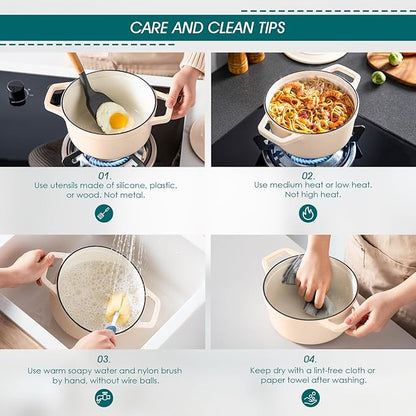 vancasso 2.5 QT Enameled Cast Iron Dutch Oven with Stainless Steel Knob Lid – Small Non-Stick Casserole for Steaming, Baking, and Roasting – Cream Color