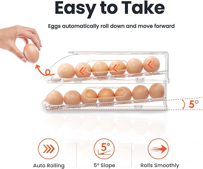 SMRCAD Egg Holder for Fridge, Automatic Steady Rolling Egg Container with Soft Bumpers & Handle for Refrigerator, Stackable Fridge Organizers and Storage with Lid