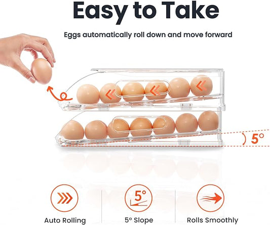 SMRCAD Egg Holder for Fridge, Automatic Steady Rolling Egg Dispenser with Silicone Bumpers & Handle for Refrigerator, Large Capacity Egg Organizer with Lid