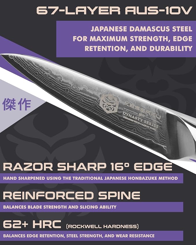 KESSAKU Paring Knife - 3.5 inch - Damascus Dynasty Series - Razor Sharp Kitchen Knife - Forged 67-Layer Japanese AUS-10V High Carbon Stainless Steel - G10 Garolite Handle with Blade Guard