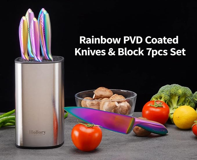 Rainbow Knives Block Set 7 Pieces, Iridescent German High Carbon Stainless Steel Kitchen Knives Pack with Universal Knife Holder