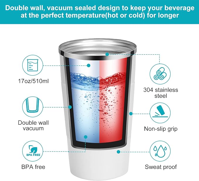 YINJAM 12oz Travel Coffee Mug Insulated Coffee Cups to Go with Leakproof Lid Vacuum Stainless Steel Double Walled Thermal Car Coffee Tumbler for Hot Cold Iced Tea Drinks Reusable (White, 12oz)