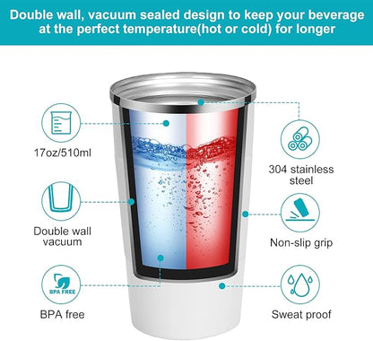 YINJAM 12oz Travel Coffee Mug Insulated Coffee Cups to Go with Leakproof Lid Vacuum Stainless Steel Double Walled Thermal Car Coffee Tumbler for Hot Cold Iced Tea Drinks Reusable (White, 12oz)