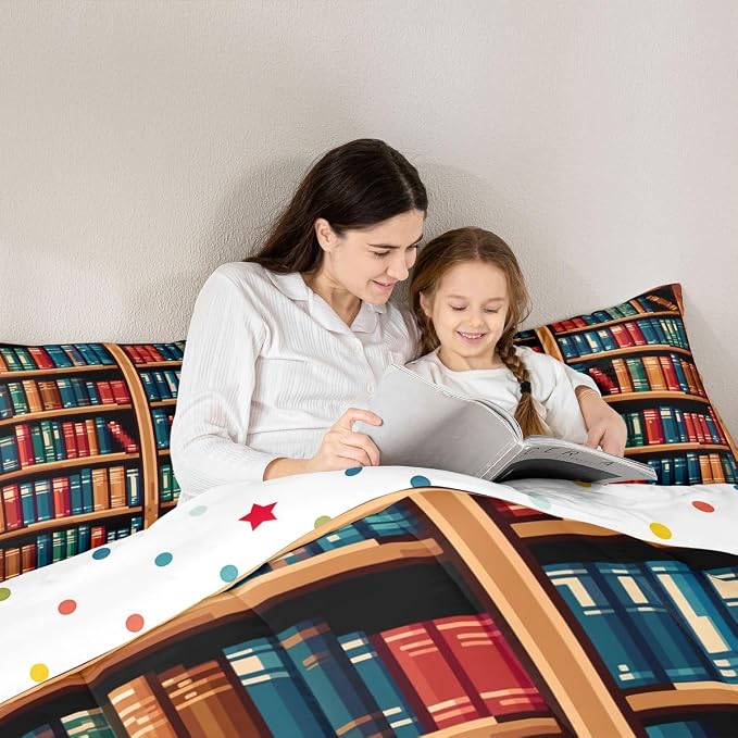 Manfei Bookshelf Comforter Set King Size,Anime Bookcase Theme Down Alternative Adults Bedroom Decor,Pixelated Pixel Style Games Ultra Soft Microfiber Inner Fill 3Pcs Bedding