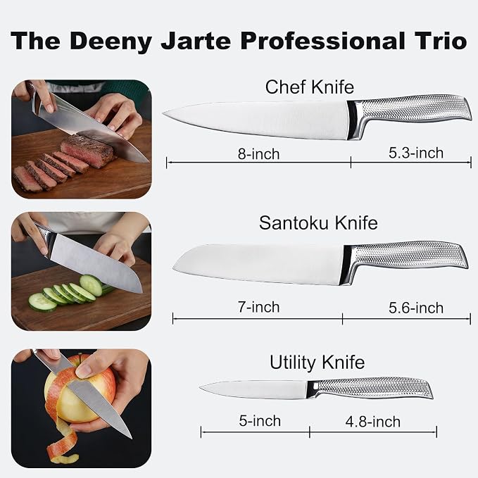 3-Piece Professional Chef Knife Set - 8" Chef, 7" Santoku, 5" Utility - Razor-Sharp 5Cr15MoV High-Carbon Stainless Steel, Full Tang & Non-Slip Handle - Gift-Ready for Home Kitchen & Chefs
