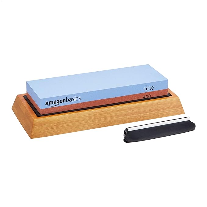Amazon Basics Dual Sided Whetstone Knife Sharpening Stone 400/1000 Grit with Angle Guide, Non-Slip Bamboo Base, Black & Grey