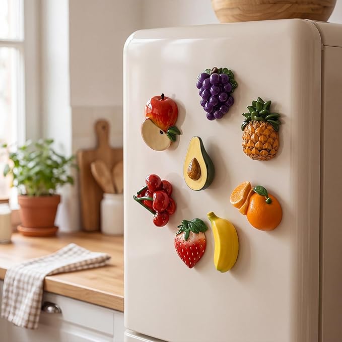Renmxj 8 Pcs Mini Resin Fruit Magnets for Fridge, Cute Tiny Decorative Fridge Magnets, for Kitchen Refrigerator Office Locker Decoration(Multicolor)