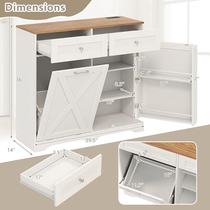 Giantex Tilt Out Trash Can Cabinet 10 Gallon, Kitchen Island with Power Outlet, 2 Drawers, Adjustable Shelves, Hidden Storage Garbage Bin Cabinet for Laundry Room Dining Room (White+Walnut)