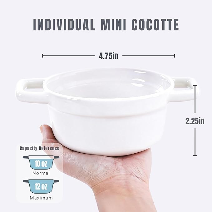 Lareina Mini Cocotte - 12oz Ceramic Casserole Dishes - Kitchen Casserole Sets With Handles And Lid - Small Baking Ramekins - Oven, Microwave & Dishwasher Safe - Set of 4 - White