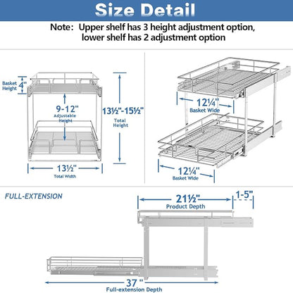 2 Tier Individual Pull Out Cabinet Organizer 13½" W x 21½" D, Heavy Duty Cabinet Pull Out Shelves, Slide Out Drawers Organization for Kitchen Cabinets Bathroom