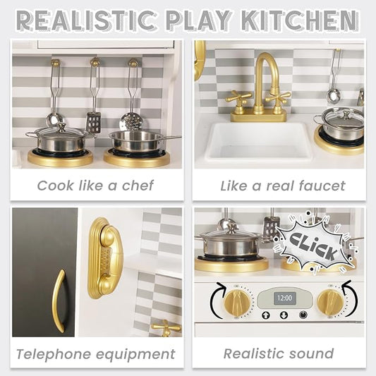 Kitchen Playset for Kids Ages 3-8, Wooden Kids Play Kitchen Chef Pretend Play Set for Toddlers, Toys Kitchen with Toy Food & Cookware Accessories