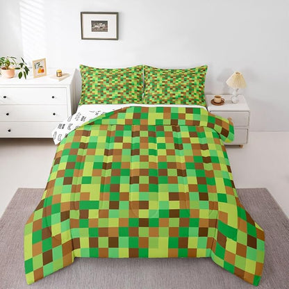 Manfei Pixelated Grid Comforter Set Queen Size,Geometric Camo Blocks Duvet Insert Adults Bedroom Decor,Miners Gamepad Games Bedding Set,Green Brown Ultra Soft Microfiber Inner Fill 3Pcs Bedding