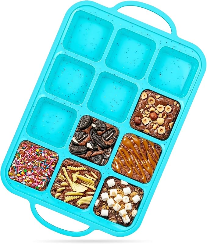 Vinino Silicone Brownie Pan with Dividers, 1 Pack Mini Loaf Pan for Baking Individual, Nonstick 12 Cups Square Muffin Cupcake Pans with Metal Reinforced Frame-Aqua Blue