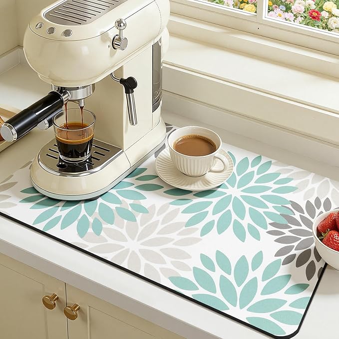 Findosom Floral Dish Drying Mat, 12" x 20" Super Absorbent & Hide Stain Coffee Mat, Cuttable Drying Mat for Kitchen Counter, Under Dish Rack, Coffee Maker, Espresso Machine, Teal
