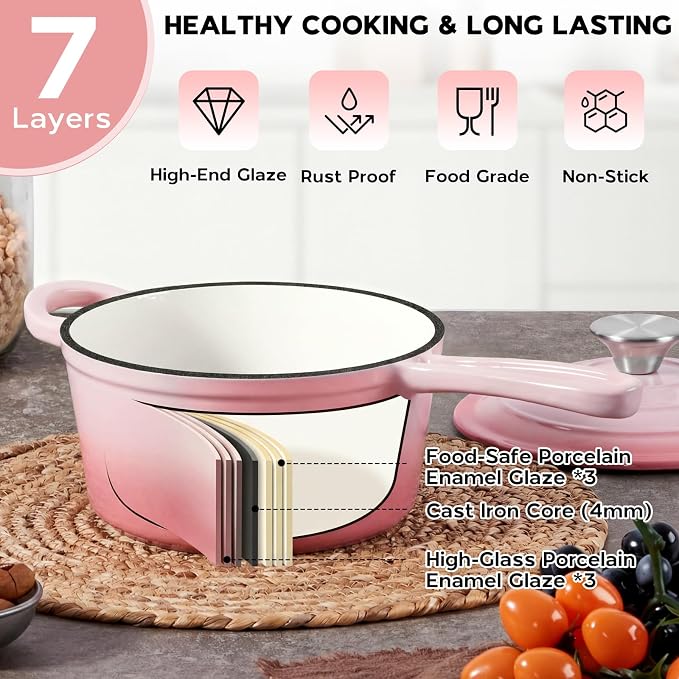 Onader Cast Iron Sauce Pan Pot, 2QT Small Saucepan with Lid, Enameled Cast Iron Dutch Oven Cooking Kitchen Pot – Pink
