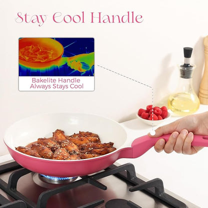 PRICUSIS Nonstick Ceramic Frying Pan, 8/10 Inch Skillet with Stay Cool Handle, Fully Coated, Induction Compatible, 100% Dishwasher Safe, PTFE PFAS & PFOA Free（8 Inch, Raspberry Red）