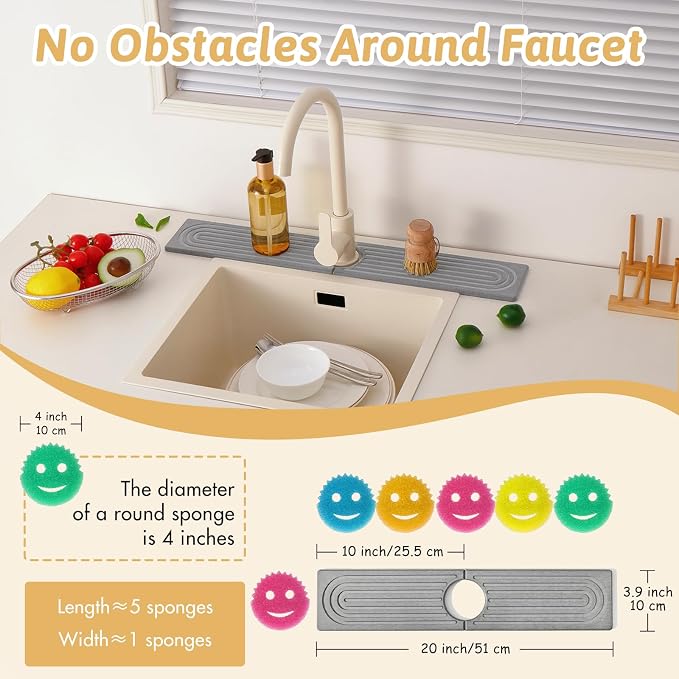 Diatomite Kitchen Sink Water Splash Guard, 20'' Drying Neat Stone Sink Tray, Modern Stylish Faucet Handle Drip Catcher Stone, Absorbent Mat for Kitchen Counter, Gift for Valentine's Day, Light Gray