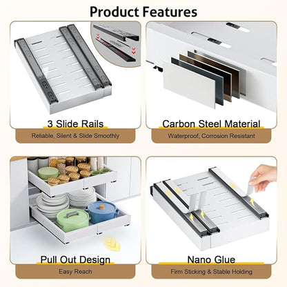 2 Pack Pull Out Cabinet Organizer, Expandable Width (11.4"-18.9") Depth (16.3"-21.7") Pull out Drawers for Cabinets with 3 Rails, No Drill Adhesive Film or Nail Slide out Drawers for Kitchen, Pantry