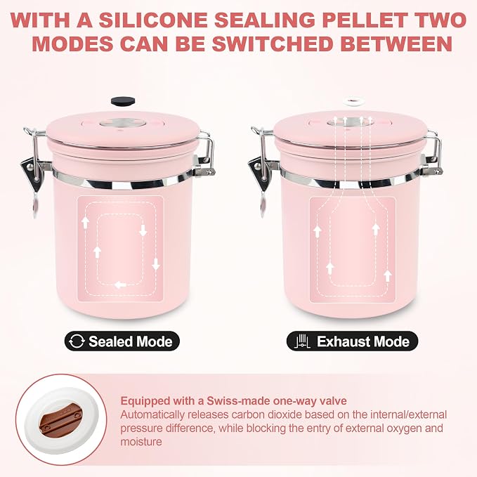 ShanSon Coffee Canister Airtight, Stainless Steel Bean Storage Container with Date Tracker & Scoop, Grounds Sugar Flour Tea Cereal Fits Kitchen Pantry, Ideal Gift for Coffee Lovers,22oz, Pink