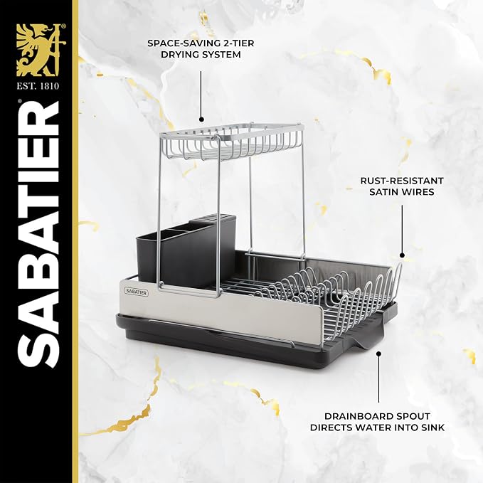 Sabatier Dish Drying Rack with Second Tier, Rust Resistant Wires and Angled Drain Board, Utensil Caddy Compact Dish Drying Rack