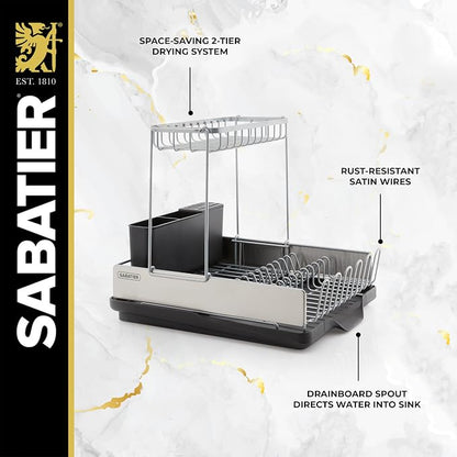 Sabatier Dish Drying Rack with Second Tier, Rust Resistant Wires and Angled Drain Board, Utensil Caddy Compact Dish Drying Rack