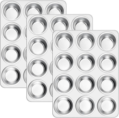 E-far 12-Cup Muffin Pan Set of 3, Stainless Steel Cupcake Pan Tins, Non-Toxic Metal Cupcake Tray for Baking Small Muffin Cakes, Heavy Duty & Regular Size, Rust Free & Dishwasher Safe