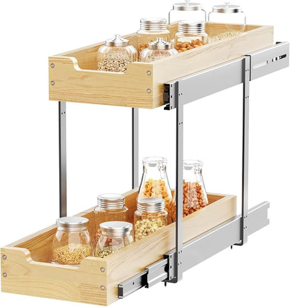 Sikarou Wood Pull Out Cabinet Organizer 2 Tie 9" W x 21" D, Heavy-Duty Sliding Drawers for Inside Cabinets Storage and Organization for Kitchen, Pantry, Bathroom
