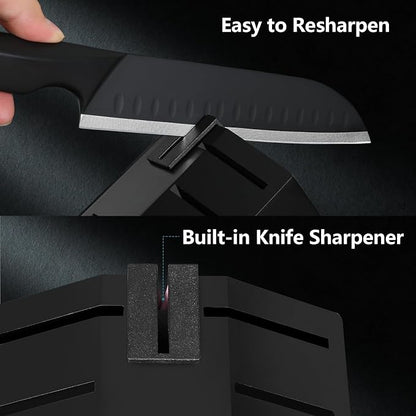 Kuisine Black Knife Set, 15-Piece High Carbon Stainless Steel Ultra Sharp Knife Block Set, Ergonomic Handle with Sharpener for Kitchen(15 PCS Black EX)