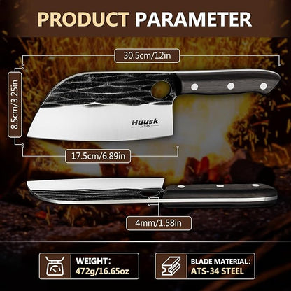 Huusk Serbian Chef Knife Hand Forged Meat Cleaver with Sheath High Carbon Steel Full Tang Knife Heavy Duty Butcher Knife for Kitchen or Camping Outdoor Christmas Gift for Men and Women