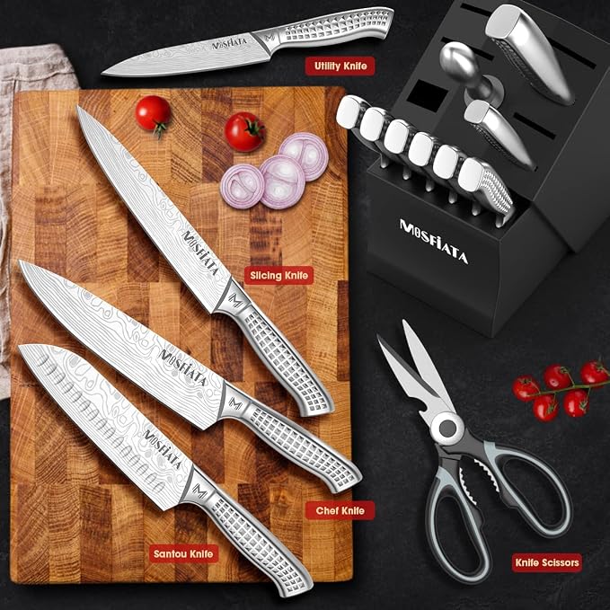 MOSFiATA Japanese Stainless Steel Knife Set, 17 Pcs with Block, Knife Sharpening Rod, Dishwasher Safe, Dad Birthday Gift