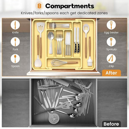 Caperci Large Silverware Organizer for Kitchen Drawer & Utensils - Expandable Drawer Organizer for Cutlery, Flatware & Gadget, BPA-Free Thick Plastic, Wider Compartments & Non-skid Feet (Desert Sand)