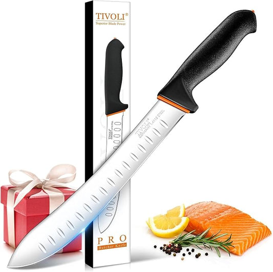 TIVOLI Bullnose Knife 10 Inch - Butcher Carving Knife with Ergonomic Non-Slip Softgrip & German Stainless Steel Razor Sharp Blade for Meat Cutting,Slicing - Gift for Men Women