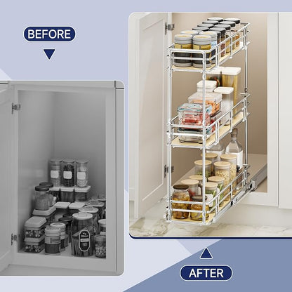 7" W x 20.5" D 3-Tier Pull Out Spice Rack Organizer, Solid Wood Base Slide Out Cabinet Shelf for Narrow Kitchen Cabinets, Chrome Pantry Storage