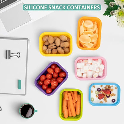 Reusable Silicone Snack Sontainers with Lids, 14oz, Small Collapsible Food Storage Containers for Meal Lunch Small Portion, Stackable, Space Saver for RV, Travel, Microwave Dishwasher Safe, 6 Pack