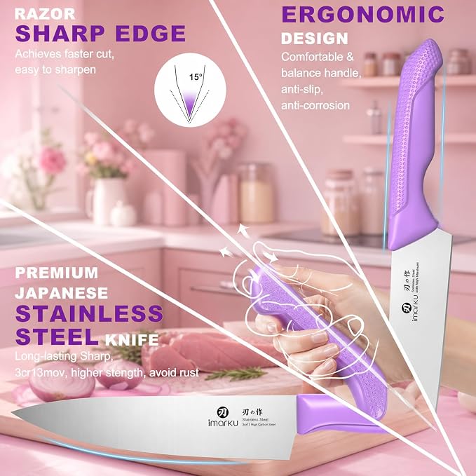 imarku 14-Piece Purple Knife Set with Block – Glides Through Meat, Fish, Veggies & Bread – Standout Color for Stylish Kitchens – Built-in Sharpener – Elegant Gift for Mom, Wife, and Yourself