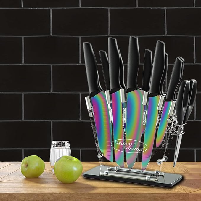 Marco Almond® Knife Block Set,14-Piece Rainbow Color Stainless Steel Knife Sets for Kitchen with block, KYA35 Chef Cooking Knives Set with Acrylic Stand